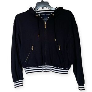 Escada Sport Black Full Zip Hooded Sweatshirt with Striped Lining Size Large